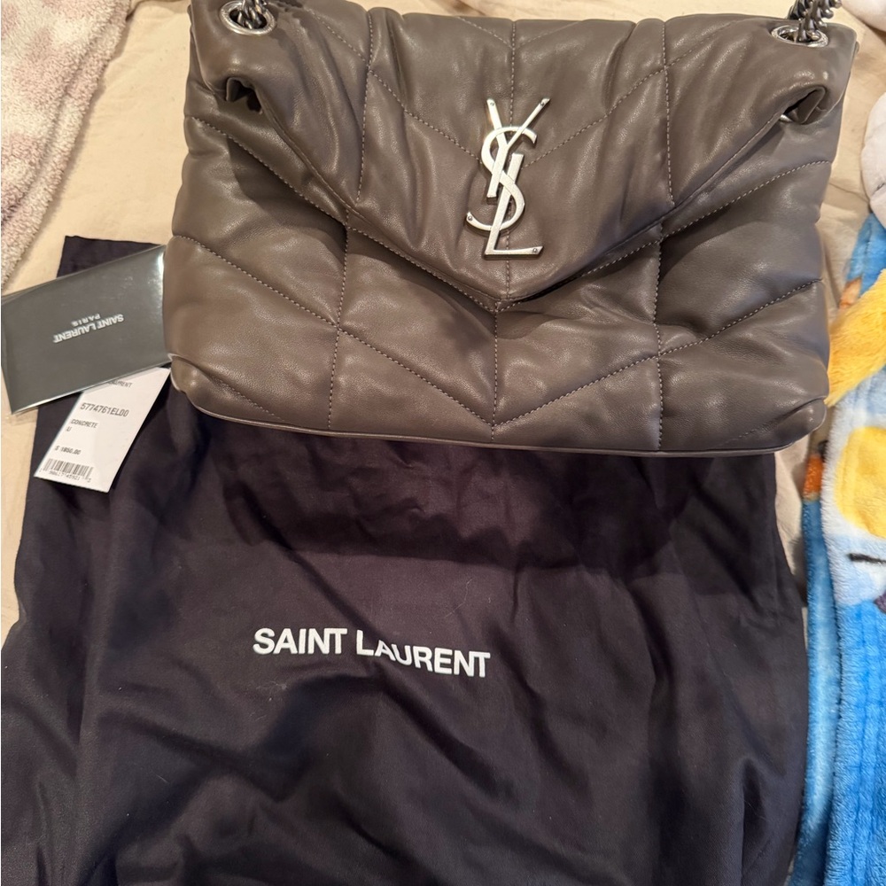 Saint Laurent Quilted Chevron Flap Bag in Taupe Gray